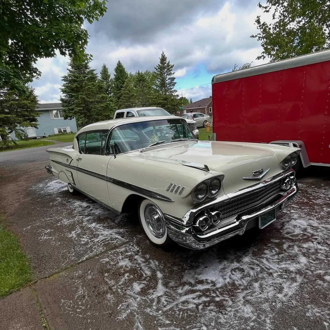 White 1958 Chevrolet Impala after exterior detailing and ceramic coating